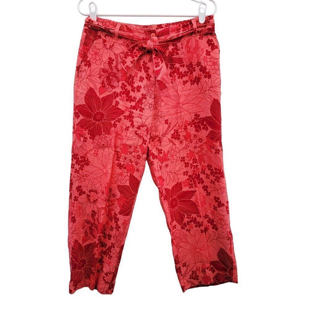 Lily Stanhope Linen Pants Women Size 8 Red Pink Floral Straight‎ Leg Ankle